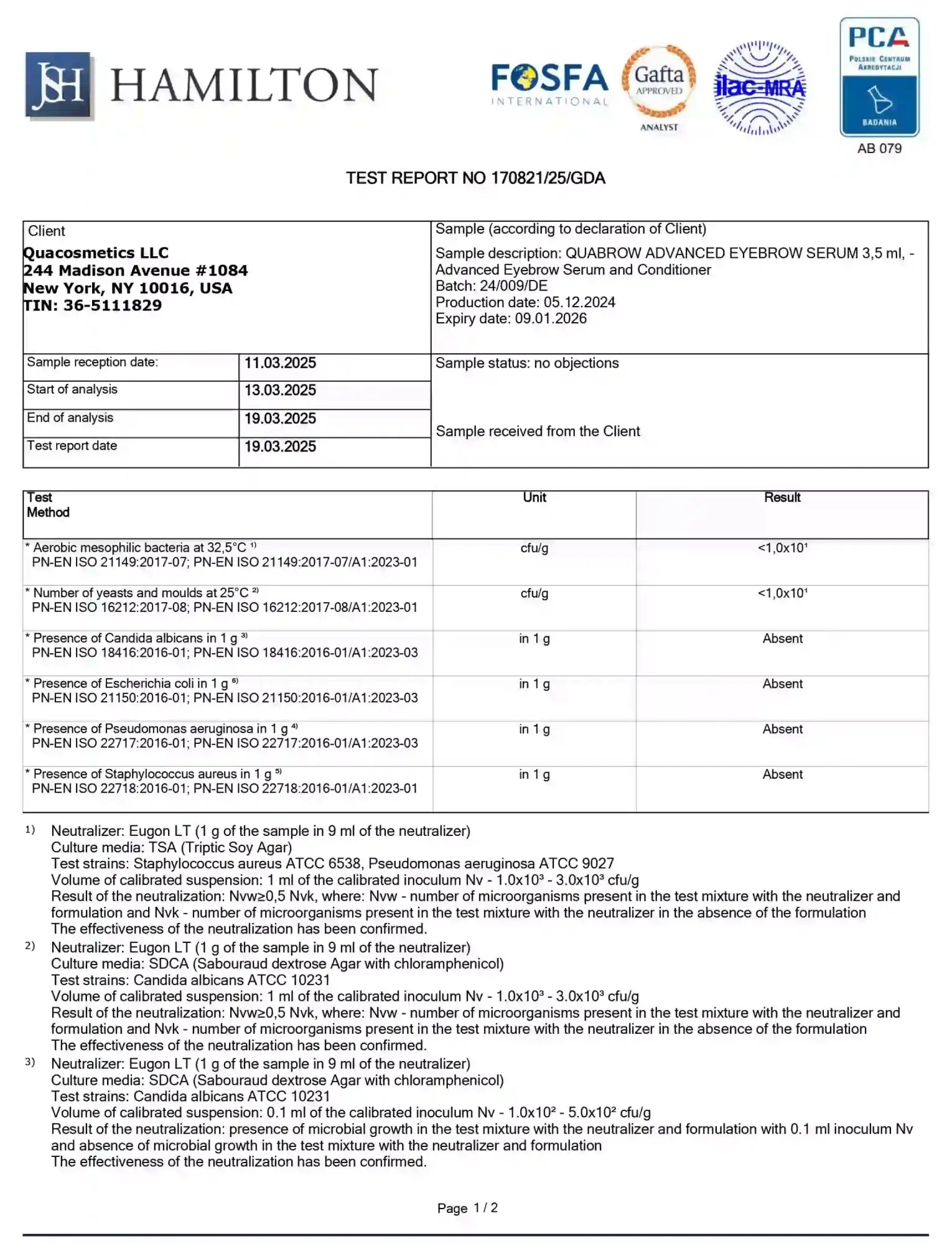 Hamilton laboratory test report for QUABROW Advanced Eyebrow Serum confirming microbiological safety