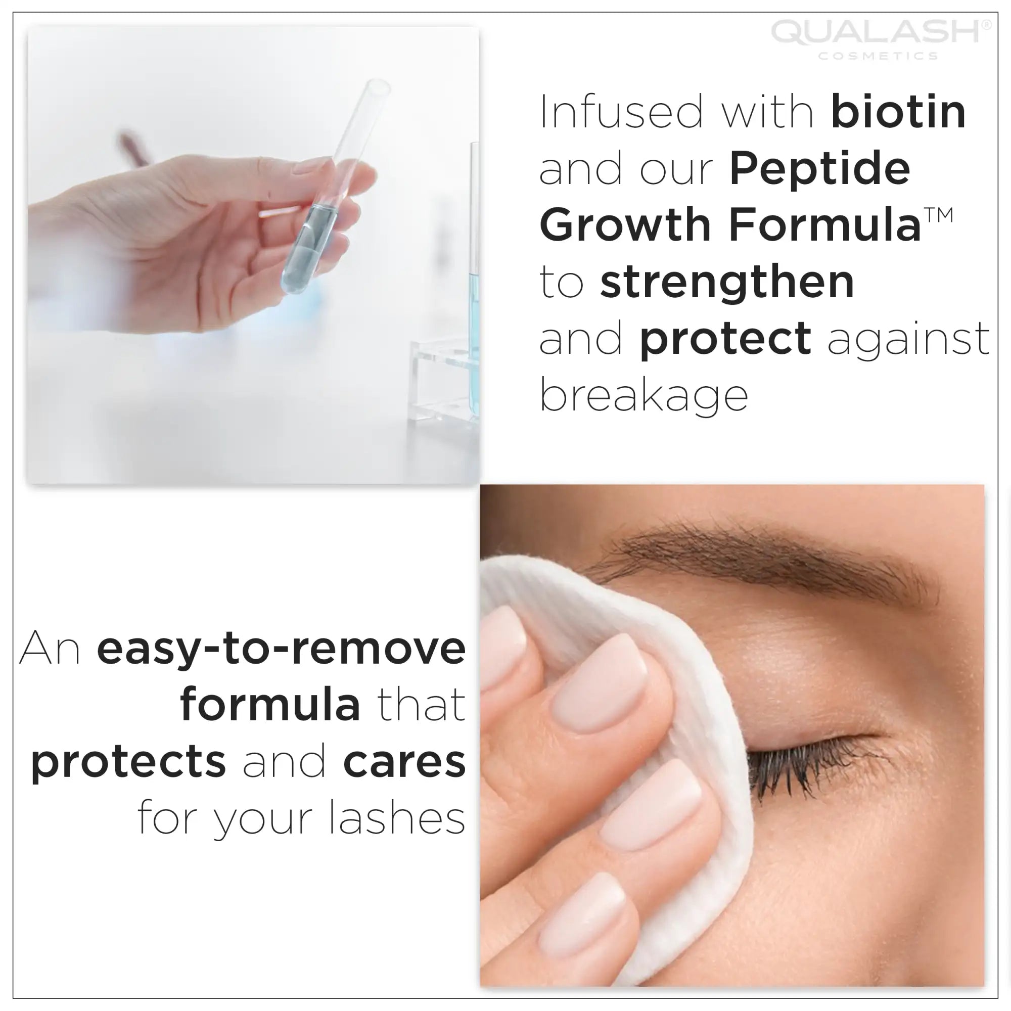 A clear glass vial containing a light blue liquid, labeled as qualash cosmetics’ peptide growth formula for lashes.