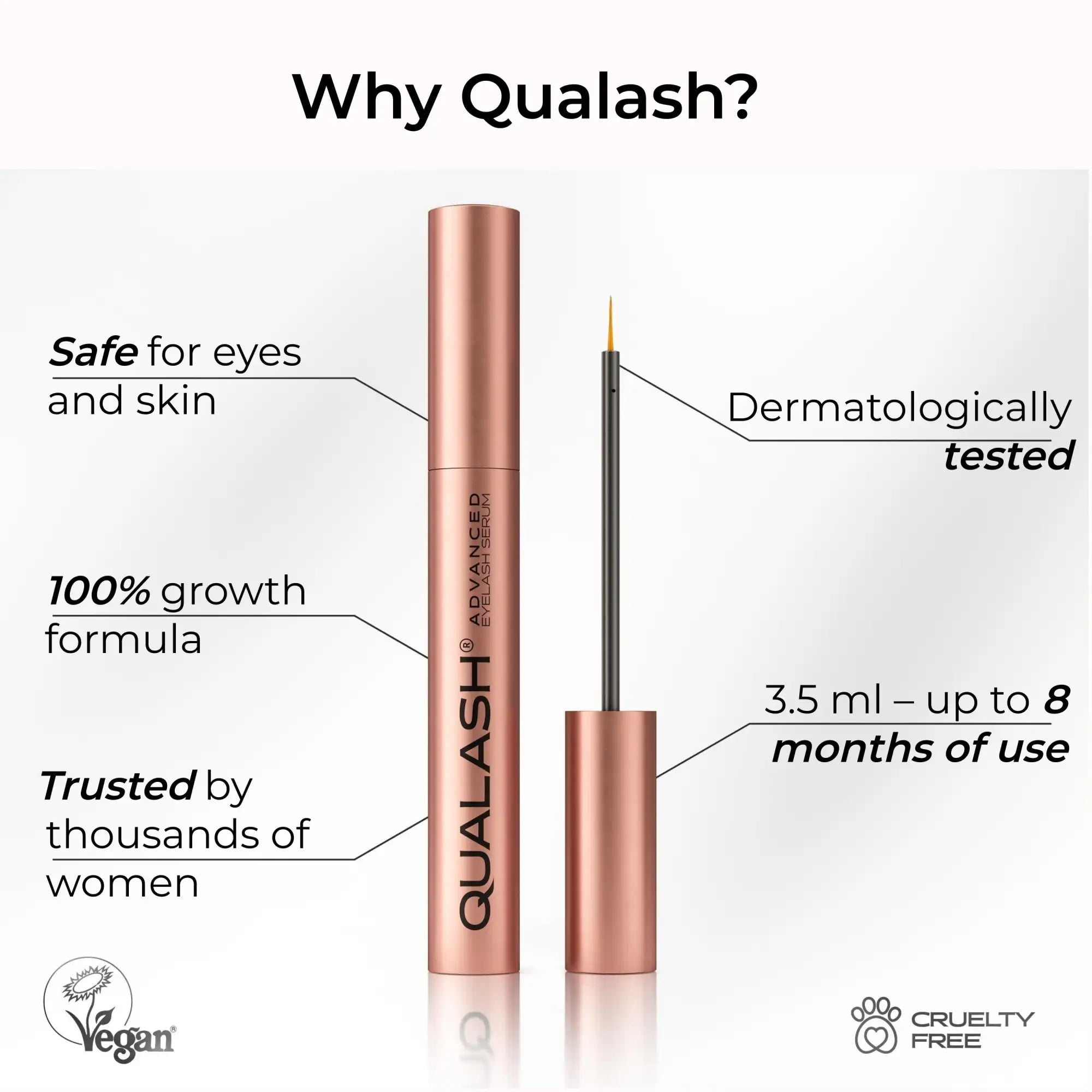 Rose gold cylindrical tube of qualash advanced eyelash serum with a fine brush applicator.
